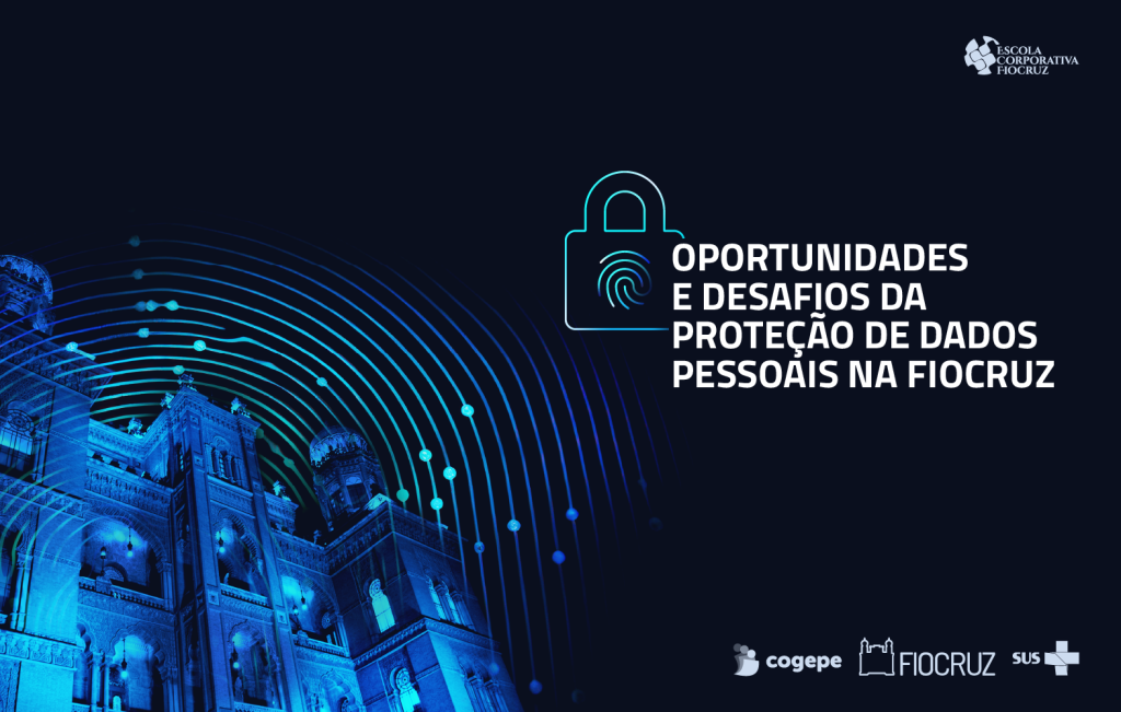 Imagem com castelo da Fiocruz em azul com cadeado com impressão digital