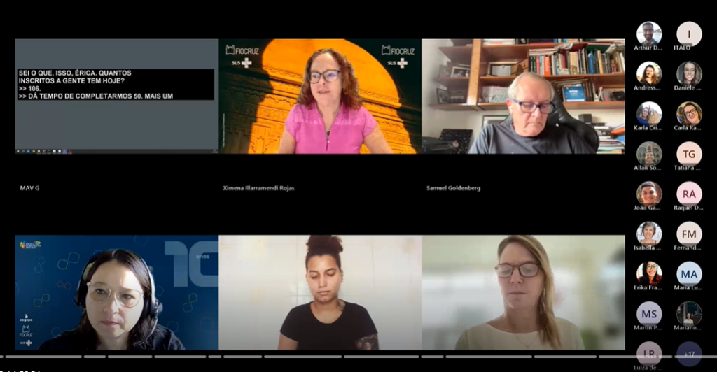 Print de tela em que aparecem os palestrantes do webinário e a analista da Escola Priscila Lucas