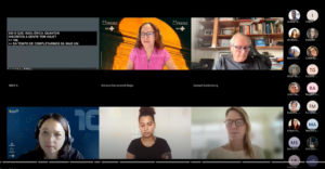 Print de tela em que aparecem os palestrantes do webinário e a analista da Escola Priscila Lucas